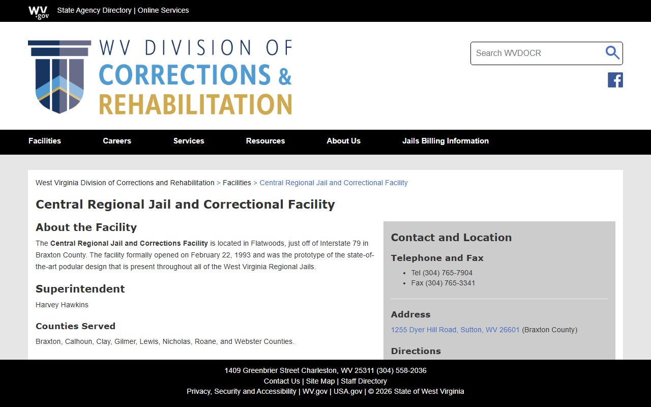 Central Regional Jail and Correctional Facility inmate lookup and facility information page